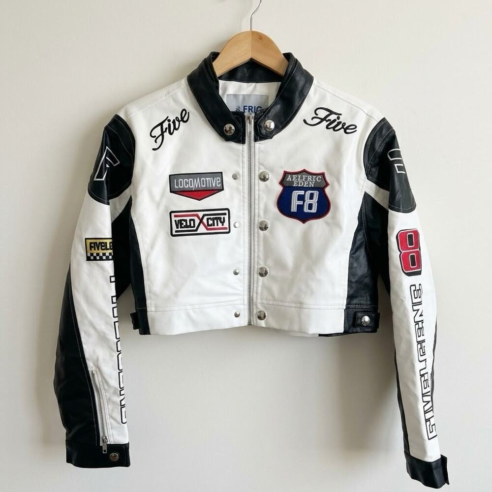 Aelfric Eden Women Cropped Racing Biker Leather Jacket S White Black Patchwork